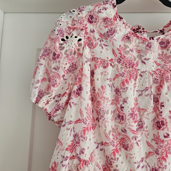 Greylin Pink Floral Eyelet Puff Sleeve Tiered Midi Dress Romantic Cottagecore L - Picture 2 of 6